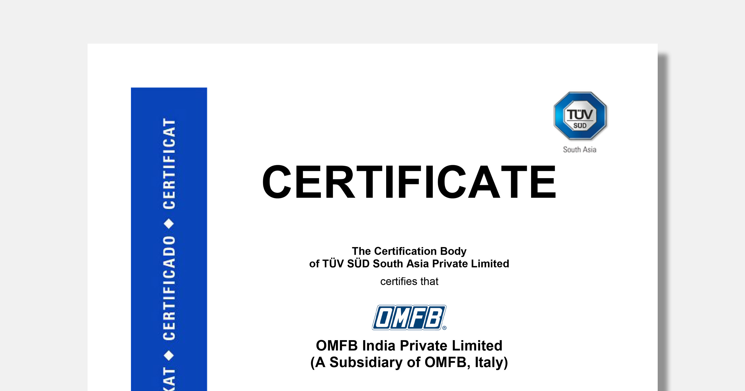 Ricertificazione ISO 9001 – OMFB India